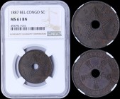 BELGIAN CONGO: 5 Centimes (1887) in copper. Obv: Crowned monograms circle center hole. Rev: Center hole within star. Inside slab by NGC "MS 61 BN". (K...