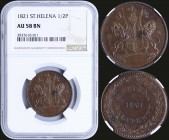 SAINT HELENA: 1/2 Penny (1821) in copper. Obv: Lion above helmeted arms with supporters, banner below. Rev: Date in center of St Helena and value with...