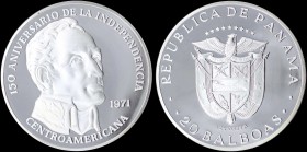 Panama: 20 Balboas (1971) in silver (0,925) commemorating the 150th anniversary of Central American Independence. Obv: National coat of arms. Rev: Sim...