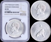 PARAGUAY: 300 Guaranies (1968) in silver (0,720) commemorating the 4th Term of President Stroessner. Obv: Seated lion with liberty cap on pole within ...