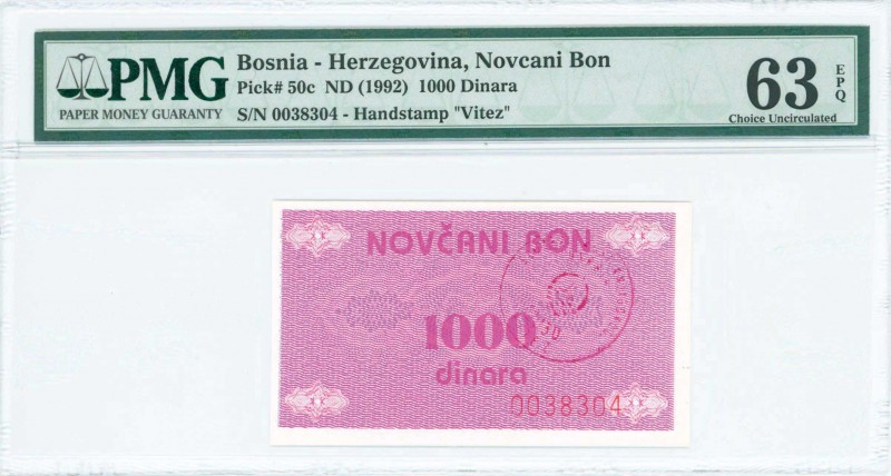 BOSNIA - HERZEGOVINA: 1000 Dinara (ND 1992) in lilac. Plain design with value at...