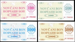 BOSNIA-HERZEGOVINA: Complete set 1992 second provisional Novcani Bon issue of 4 values including 100 Dinara, 500 Dinara, 1000 Dinara and 5000 Dinara (...
