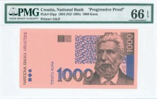 CROATIA: 1000 Kuna (ND 1994) in blue and black on pink unpt with Ante Startevic at right and shield at upper left center. Uniface progressive proof. P...