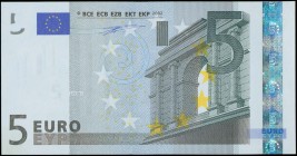 FRANCE: 2 x 5 Euro (2002) in gray and multicolor. S/N: "U08291423588 & U08291423597". Printer press and plate "L011H1". Signature by Willem Duisenberg...
