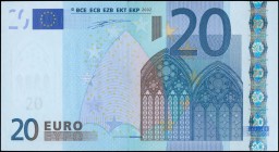 EUROPEAN UNION / GERMANY: 20 Euro (2002) in blue and multicolor. S/N: "X08614102844". Printer press and plate "P008G1". Signature by Willem Duisenberg...