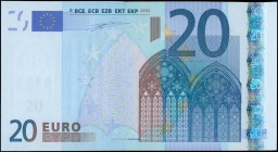 EUROPEAN UNION / SPAIN: 20 Euro (2002) in blue and multicolor. S/N: "V11611929865". Printer press and plate "M009A4". Signature by Willem Duisenberg. ...