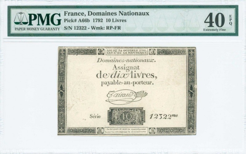 FRANCE / Domaines Nationaux: 10 Livres (24.10.1792) in black and white. S/N: "12...