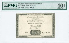 FRANCE / Domaines Nationaux: 10 Livres (24.10.1792) in black and white. S/N: "12322". WMK: "RP-FR". Inside plastic holder by PMG "Extremely Fine 40 - ...