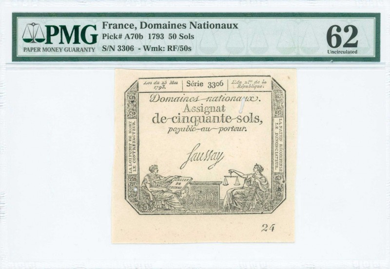 France: 50 Sols (1793) in black and white with allegorical women at lower left a...