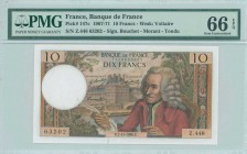 FRANCE: 10 Francs (7.11.1968) in red and multicolor with Paris Palais des Tuileries at center and Voltaire at right. S/N: "Z.448 63202". Signatures by...