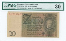 GERMANY: 20 Reichsmark (22.1.1929) in dark brown on multicolor unpt with potrait of Werner von Siemens at right. S/N: "O 29397623". WMK: Werner von Si...