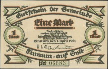GERMANY: 1 Mark (1.4.1921) by Tinnum/Sylt (SH/SH) Gemeinde. S/N: "06683". (Grabowski/Mehl 1326.1/e). Uncirculated.