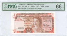 GIBRALTAR: 1 Pound (4.8.1988) in brown and red on multicolor unpt with Queen Elizabeth II at center right. WMK: Queen Elizabeth II. Printed by TDLR. I...