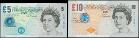 GREAT BRITAIN: Set of 2 banknotes including 5 Pounds (2002 - ND 2004) + 10 Pounds (2012) with Queen Elizabeth II at right. (Pick 391c+389d). Uncircula...