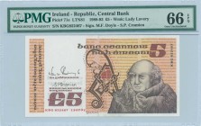 IRELAND: 5 Pounds (13.7.1992) in brown and red-violet on multicolor unpt with John Scotus Eriugena at right. S/N: "KBG852467". Signatures by Doyle & C...