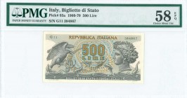 ITALY: 500 Lire (20.6.1966) in dark gray on blue and multicolor unpt with eagle with snake at left and Arethusa at right. S/N: "G11 384867". Inside pl...