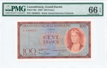 LUXEMBOURG: 100 Francs (15.6.1956) in red-brown on blue and multicolor unpt with portrait of Grand Duchess Charlotte with tiara at right. S/N: "A 6508...