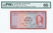 LUXEMBOURG: 100 Francs (18.9.1963) in dark red on multicolor unpt with portrait of Grand Duchess Charlotte at right. S/N: "C 209373". WMK: Grand Duche...
