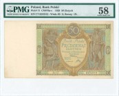 POLAND: 50 Zlotych (1.9.1929) in green, brown and blue with farmers wife at left and Mercury at right. S/N: "CT 6254212". WMK: 50 / S. Batory / ZL. In...