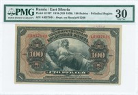 RUSSIA / EAST SIBERIA: 100 Rubles (1918 - issued 1920) in black on brown unpt with woman seated with fruit at center. Blue ovpt on back of Pick# S1249...