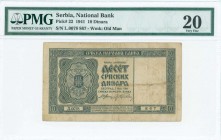 SERBIA: 10 Dinara (1.5.1941) in green on tan unpt with Arms at left. Ovpt black new bank name and text on back. S/N: "L.0078 867". Inside plastic hold...