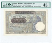SERBIA: 100 Dinara (1.3.1941) in purple and yellow with boats in water at center and seated woman with sword at right. Ovpt on Yugoslavian Pick# 27. S...