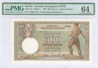 SERBIA: 500 Dinara (1.5.1942) in brown and multicolor with Arms at upper left and farmer seeding at right. WMK: King Aleksander I. Inside plastic hold...