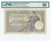 YUGOSLAVIA: 100 Dinara (1.12.1929) in purple on yellow unpt with boats in water at center and seated woman with sword at right. S/N: "Z.0743 956". WMK...