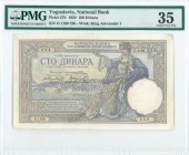 YUGOSLAVIA: 100 Dinara (1.12.1929) in purple on yellow unpt with boats in water at center and seated woman with sword at right. S/N: "O.1106 526". WMK...
