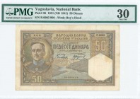 YUGOSLAVIA: 50 Dinara (1.12.1931 - issued in 1941 as Serbian banknote) in brown and multicolor with portait of King Alexander at left. S/N: "R.0903 90...