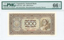 YUGOSLAVIA: 1000 Dinara (1.5.1946) in brown on multicolor unpt with Arms at left and woman with ears of corn at right. S/N: "3Γ 774159". Inside plasti...
