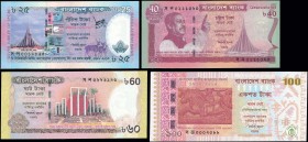 BANGLADESH: Two complete sets (2011 & 2013 commemorative issues) of 2 banknotes each (total 4 pieces) including 40 Taka (2011) + 60 Taka (2012), 25 Ta...
