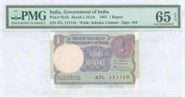 INDIA: 1 Rupee (1985) with coin with Asoka column. Inside plastic holder by PMG "Gem Uncirculated 65 - EPQ / Staple Holes at Issue". (Pick 78Ab).