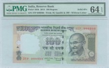 INDIA: 100 Rupees (2015) in black, purple and dark olive-green on pale blue-green and multicolor unpt with Mahatma Gandhi at right. Solid #9s S/N. WMK...