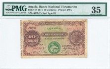 ANGOLA: 10 Centavos (5.11.1914) in purple with Arms at right and steamship seal type III. Printed by BWC. Ovpt "LOANDA" in green. Inside plastic holde...