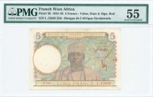 FRENCH WEST AFRICA: 5 Francs (2.3.1943) in multicolor with Man at center. Value, date and signature in red. S/N: "L.12848 556". Inside plastic holder ...
