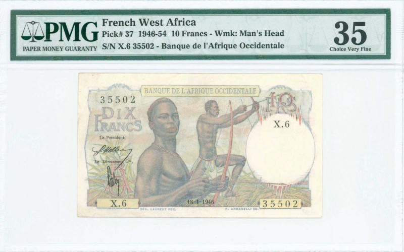 FRENCH WEST AFRICA: 10 Francs (18.4.1946) in multicolor with two male bow hunter...