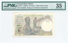 FRENCH WEST AFRICA: 10 Francs (18.4.1946) in multicolor with two male bow hunters at center. S/N: "X.6 35502". Printed in France. Inside plastic holde...