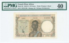 FRENCH WEST AFRICA: 25 Francs (2.10.1951) in multicolor with woman at center. S/N: "U.8723 292". Printed in France. Inside plastic holder by PMG "Extr...