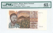 GUINEA - BISSAU: 100 Pesos (24.9.1975) in brown on multicolor unpt with D Ramos at left and group in open hut at lower left center. S/N: "B002 46071"....