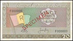 RWANDA: Specimen of 20 Francs (1.7.1965) in brown on multicolor unpt with Flag of Rwanda at left. S/N: "F000000". Signature titles: "VICE-GOUVERNEUR" ...