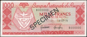 RWANDA: Specimen of 1000 Francs (1.7.1971) in red on multicolor unpt with Arms of Rwanda at left. S/N: "B000000". Black diagonal ovpt "SPECIMEN" at ce...