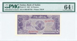 SUDAN: 25 Piastres (1987) in purple on multicolor unpt with camels at left and outline map of Sudan at center. S/N: "A/268 097783". WMK: Arms. Inside ...