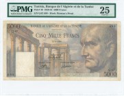 TUNISIA: 5000 Francs (12.4.1950) in violet with Roman ruins at left and roman emperor Vespasian at right. S/N: "Q.67 688". WMK: Womans head. Inside pl...