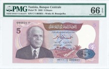 TUNISIA: 5 Dinars (3.11.1983) in red-brown and purple on lilac unpt with Habib Bourguiba at left and desert scene at bottom center. WMK: Habib Bourgui...