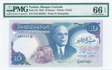 TUNISIA: 10 Dinars (3.11.1983) in blue and lilac on multicolor unpt with workers at lower left center and Habib Bourguiba at center. S/N: "D/25 997655...