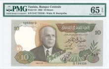 TUNISIA: 10 Dinars (20.3.1986) in yellow-brown on green unpt with Habib Bourguiba at left center and agricultural scene at bottom center. S/N: "D/47 7...