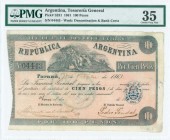 ARGENTINA: 100 Pesos (15.10.1861) with blue oval hand stamped seal "EMISION DE 15 DE OCTUBRE 1861". S/N: "04443". WMK: Denomination and bank crest. In...