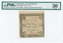 ARGENTINA: 1 Peso (1.1.1844) in orange on textured or plain white paper with Arms at left and right. Uniface. S/N: "123136". Printed by PB&P. Inside p...