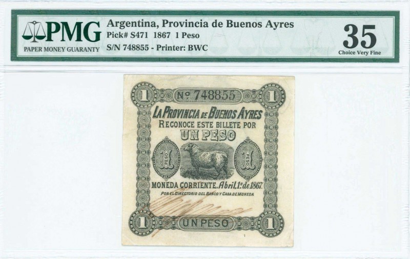 ARGENTINA: 1 Peso (1.4.1867) in black with sheep at center. Uniface. S/N: "74885...